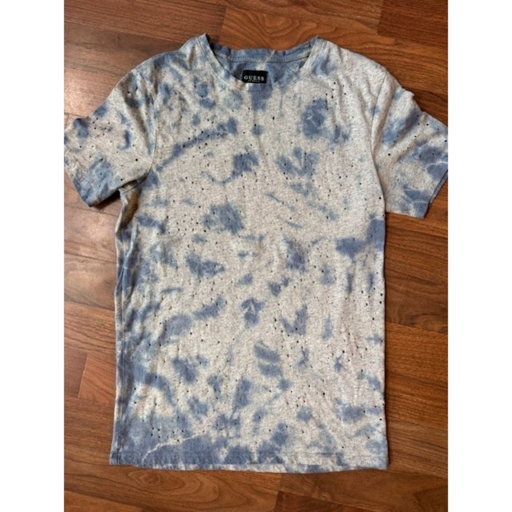 Guess Tie Dye T Shirt Mens XS Short Sleeve Crewneck White Blue Destroyed Holes - Picture 1 of 14